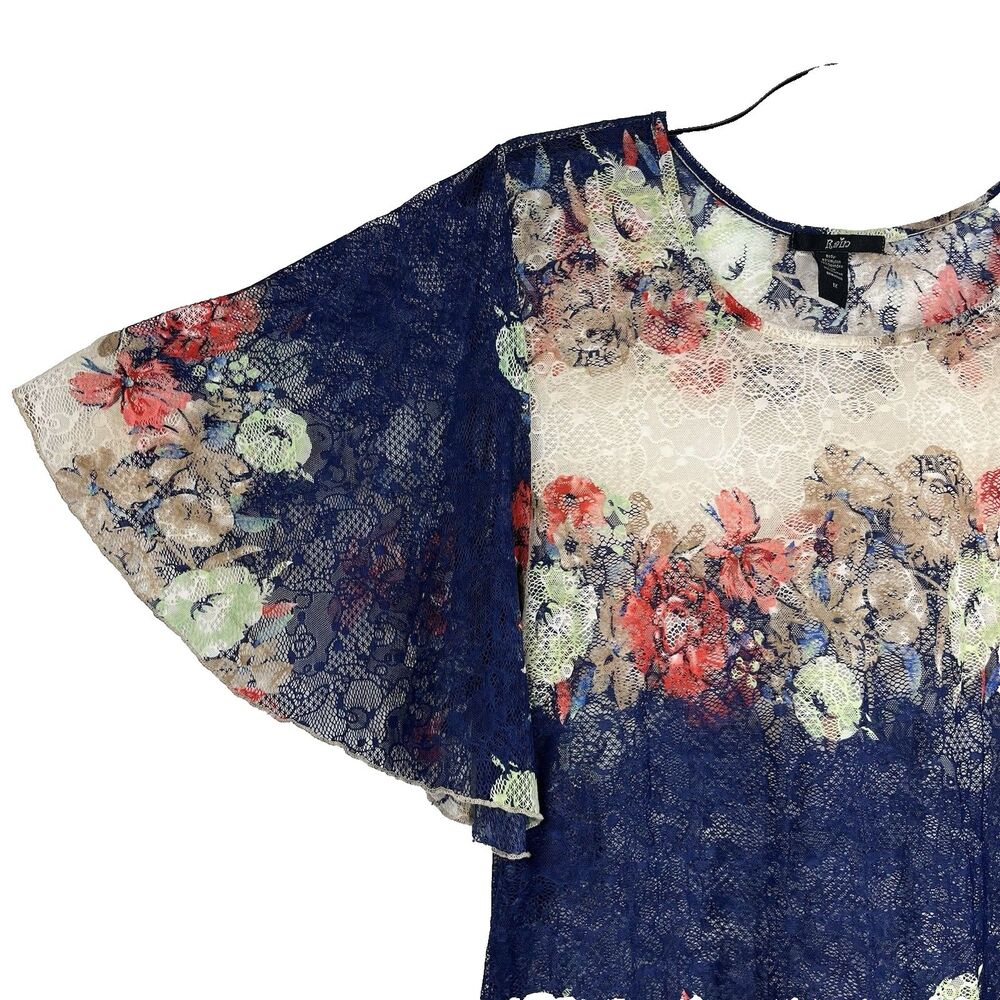 RAIN Lace Top Women's 1X Floral Kimono Sleeve Blouse Round Neck Ruffles Boho - Picture 6 of 8